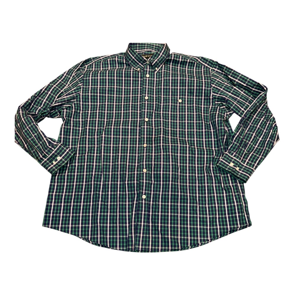 Orvis Mens XXL Button Down Shirt Green Blue Plaid Cotton Long Sleeve Pocket